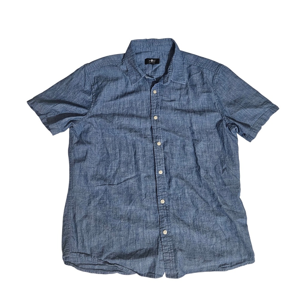 7 For All Mankind Mens Short Sleeve Button Down Chambray Shirt Blue Size M